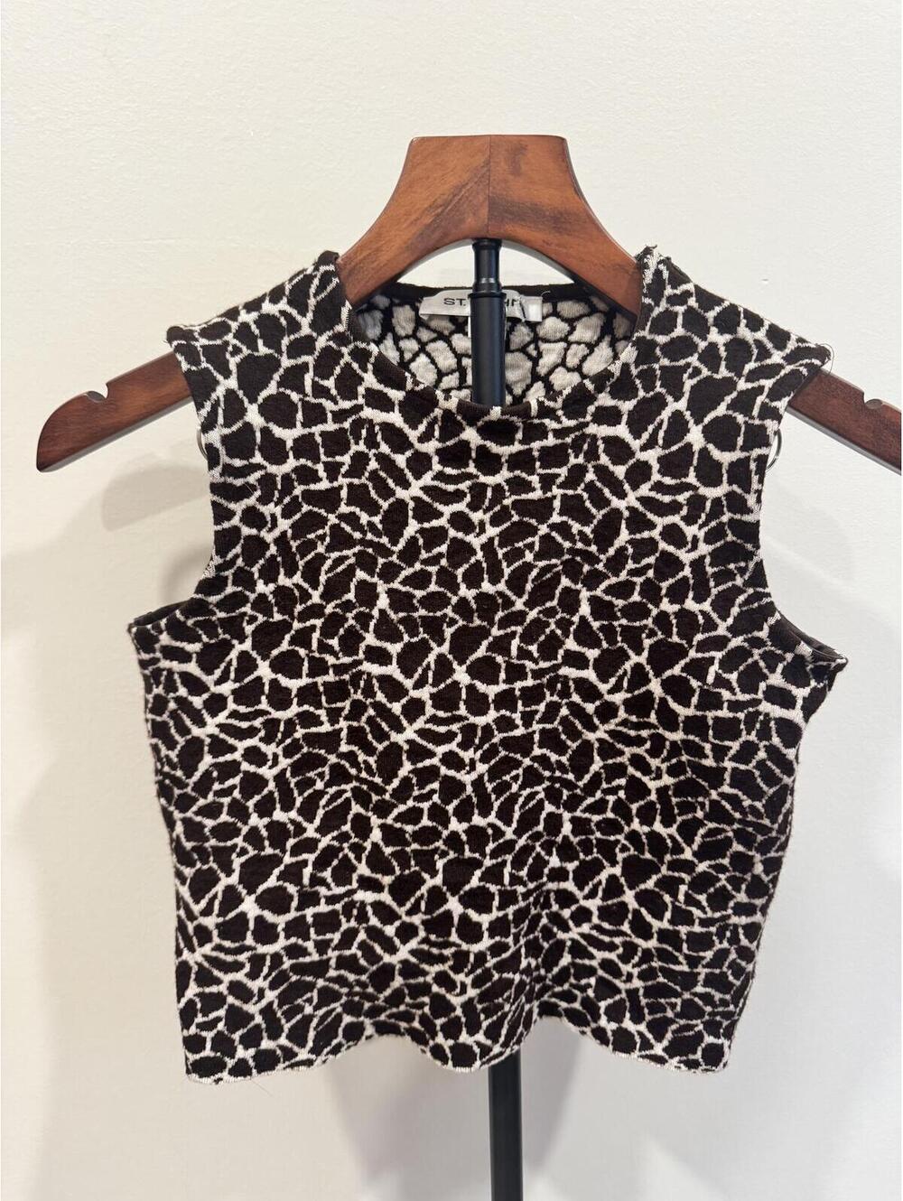 St. John Knit Abstract Print Sleeveless Top | Brown Cream Stretch Mock Neck P